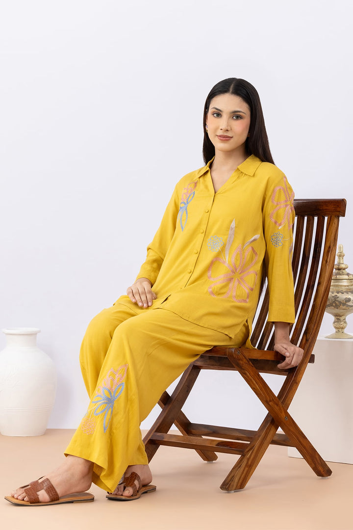 cotton co ord set for women mustard embroidered