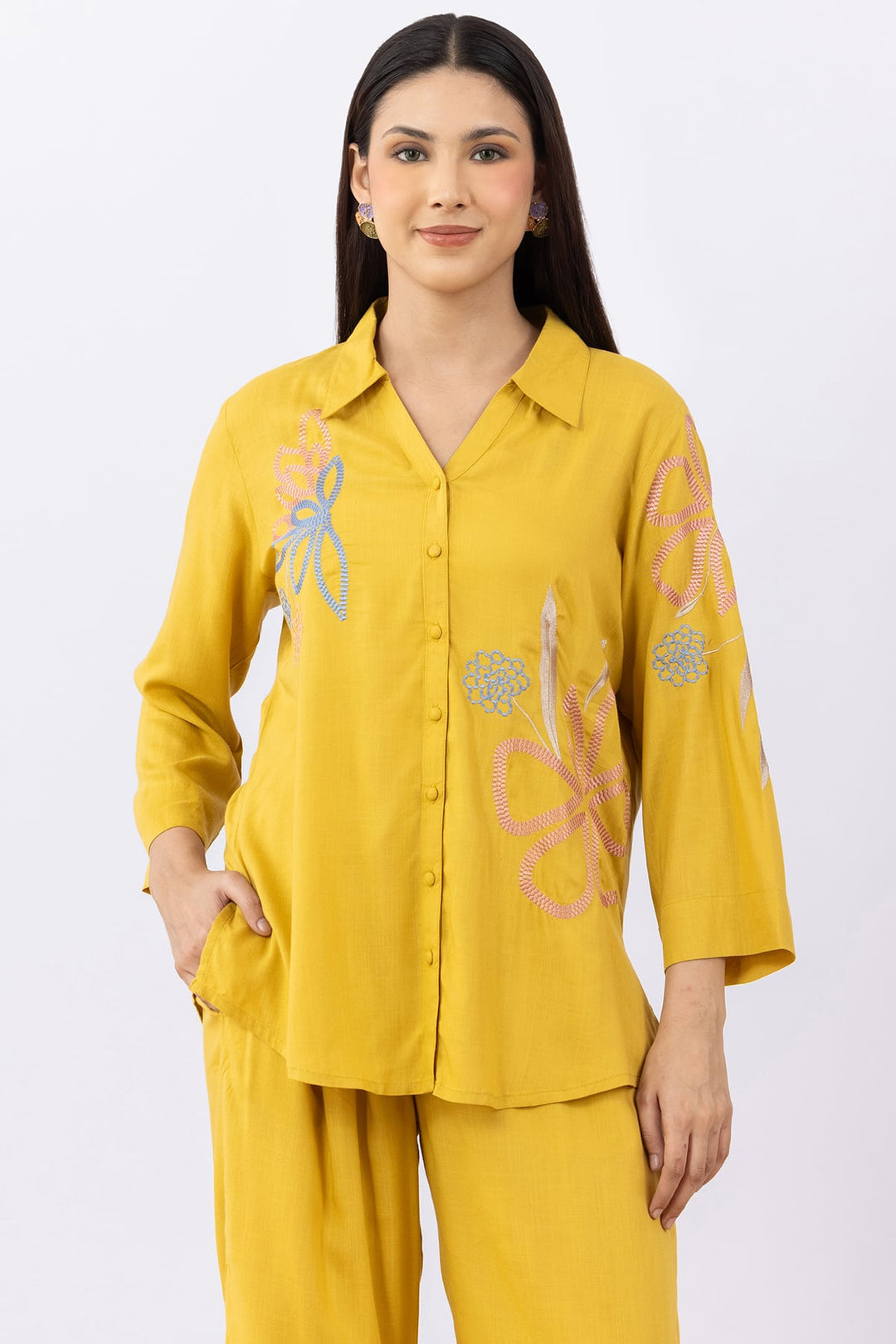 cotton co ord set for women mustard embroidered