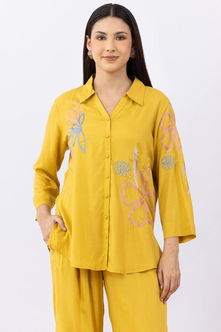 cotton co ord set for women mustard embroidered