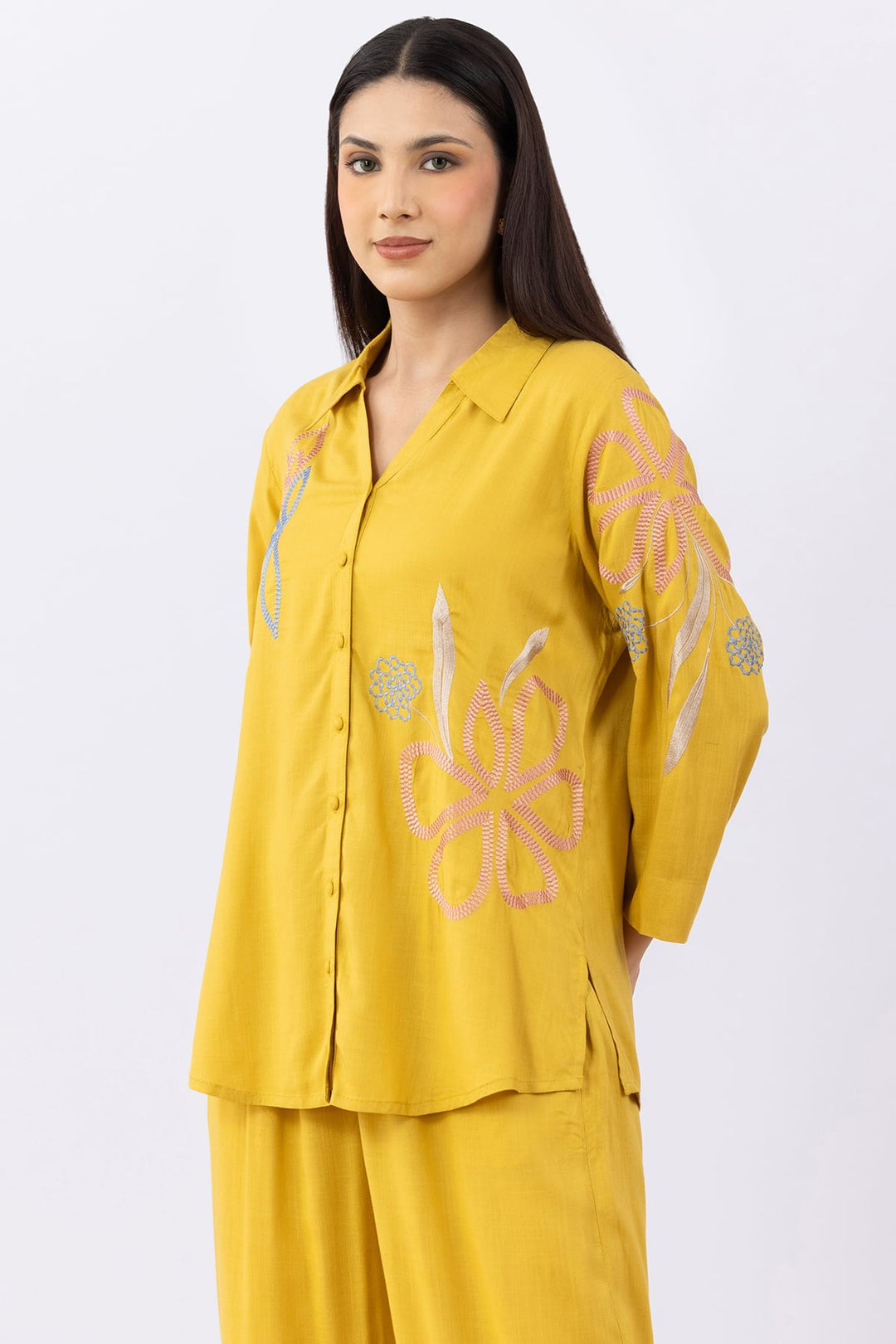 cotton co ord set for women mustard embroidered