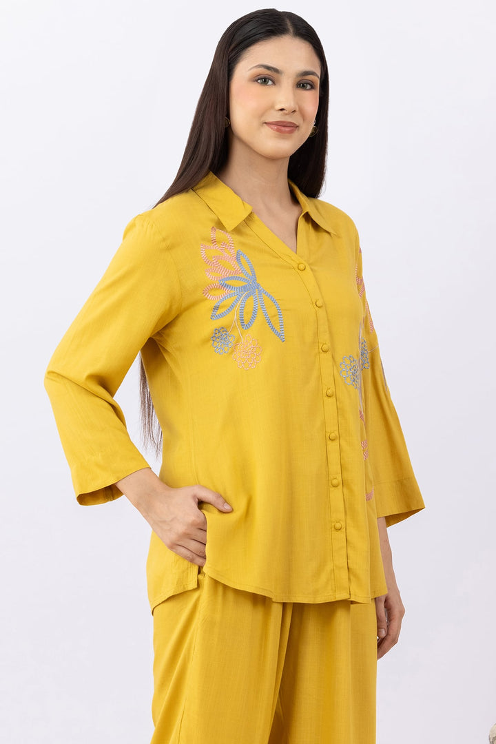 cotton co ord set for women mustard embroidered