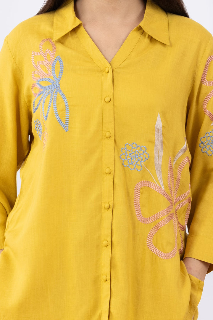 cotton co ord set for women mustard embroidered