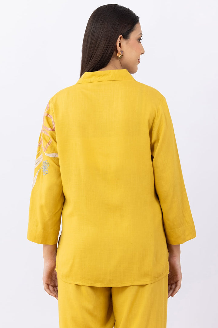 cotton co ord set for women mustard embroidered