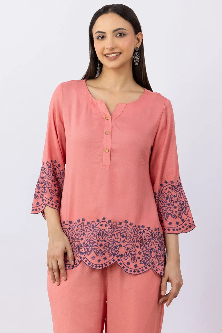 Pink co-ord set for women with embroidered top and matching pants
