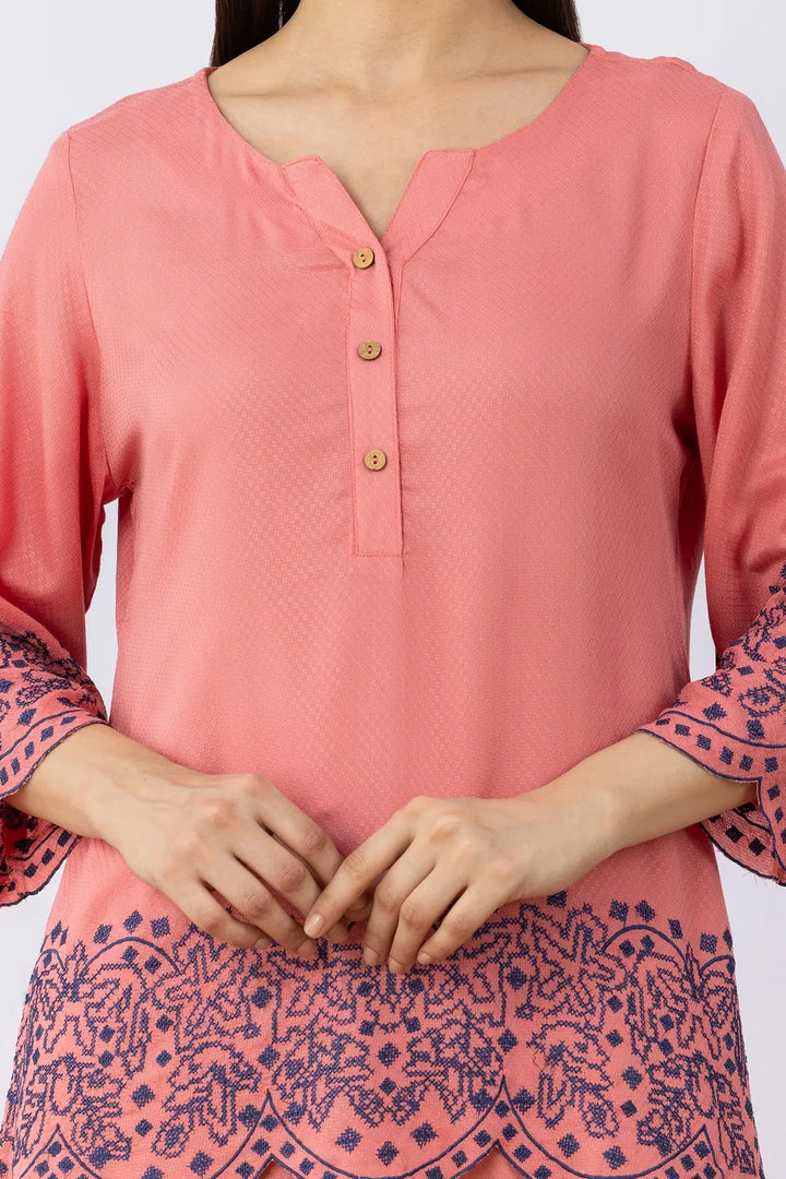 Pink co-ord set for women with embroidered top and matching pants