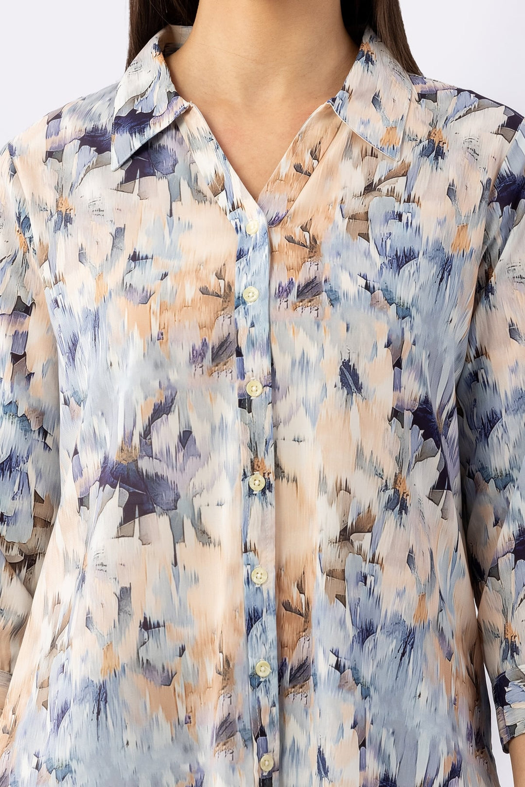 Blue Printed Summer Cool Shirt with Collar &amp; 3/4 Sleeves