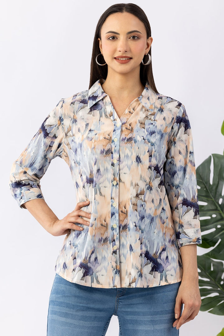Blue Printed Summer Cool Shirt with Collar &amp; 3/4 Sleeves