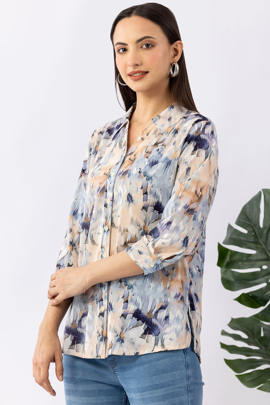 Blue Printed Summer Cool Shirt with Collar &amp; 3/4 Sleeves