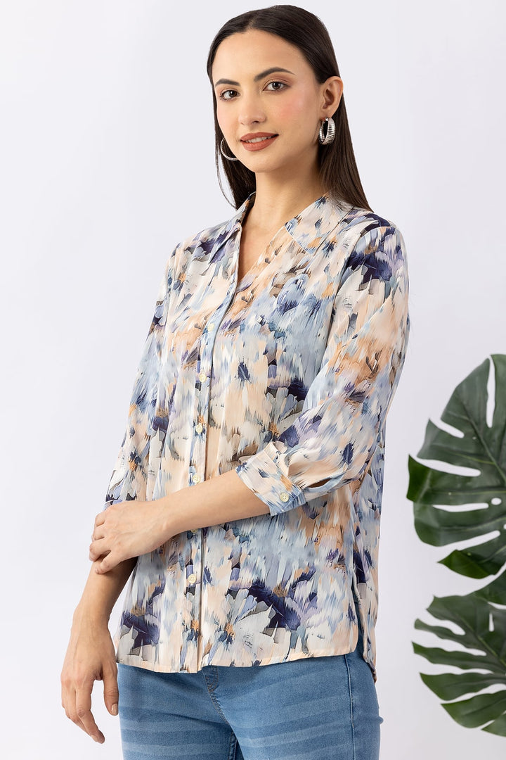 Blue Printed Summer Cool Shirt with Collar &amp; 3/4 Sleeves