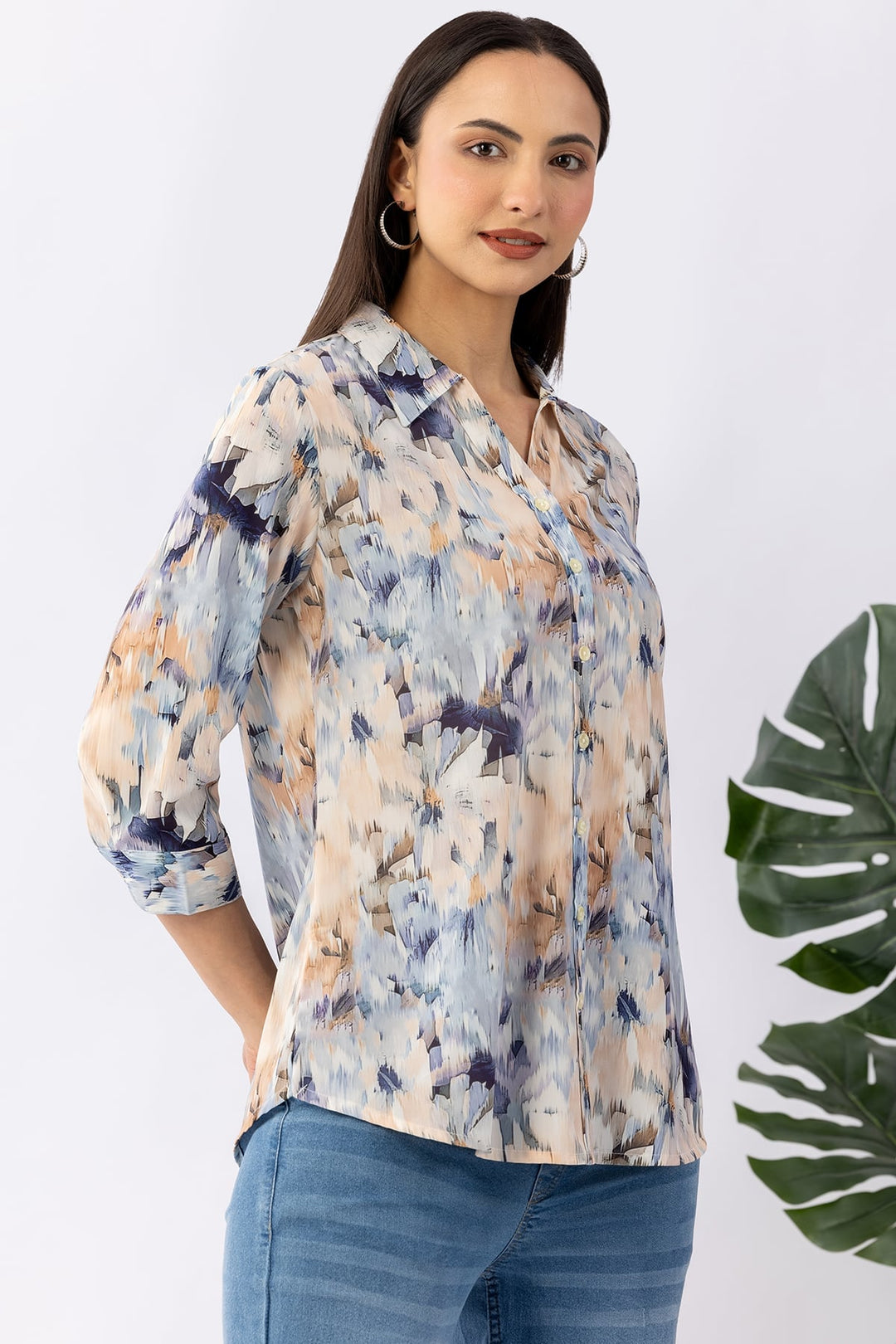 Blue Printed Summer Cool Shirt with Collar &amp; 3/4 Sleeves