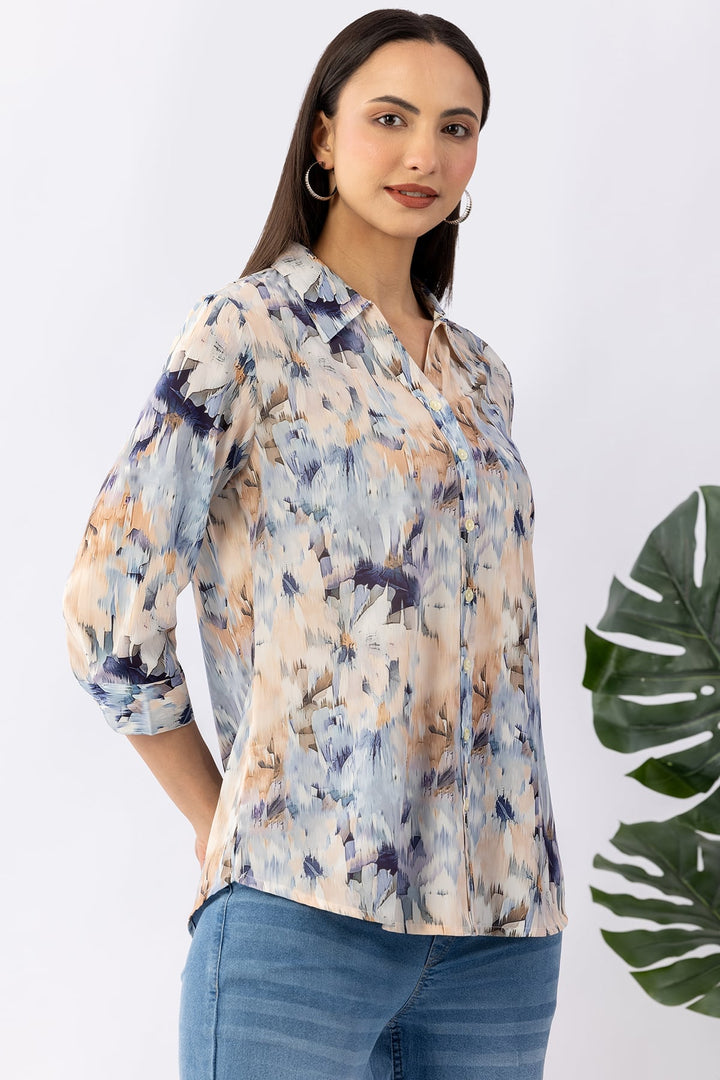 Blue Printed Summer Cool Shirt with Collar &amp; 3/4 Sleeves