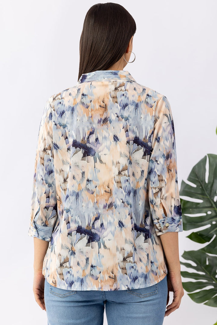 Blue Printed Summer Cool Shirt with Collar &amp; 3/4 Sleeves