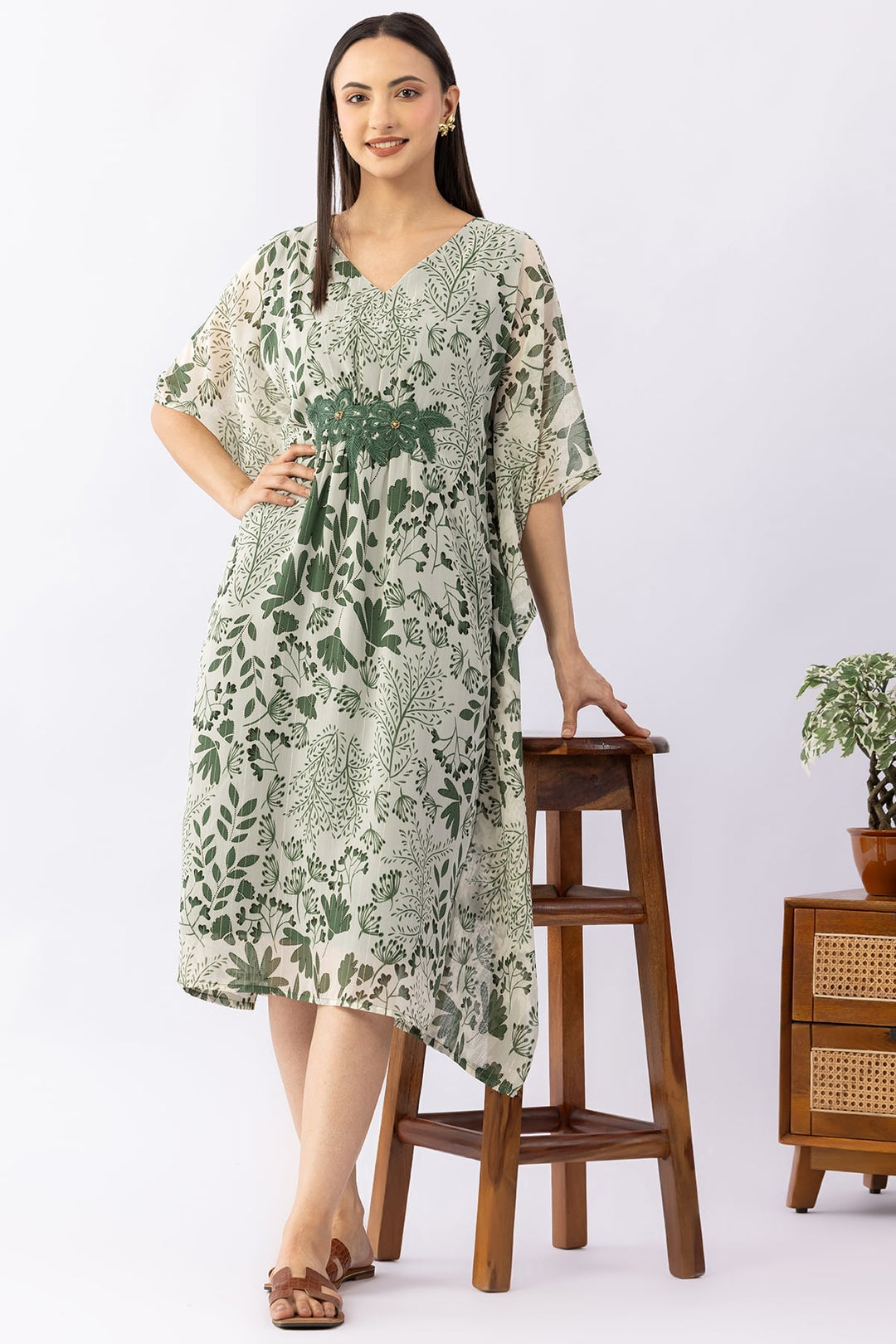 Printed Green Lurex Georgette Kaftan Dress with V Neck &amp; Kimono Sleeves