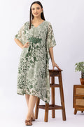 Printed Green Lurex Georgette Kaftan Dress with V Neck & Kimono Sleeves
