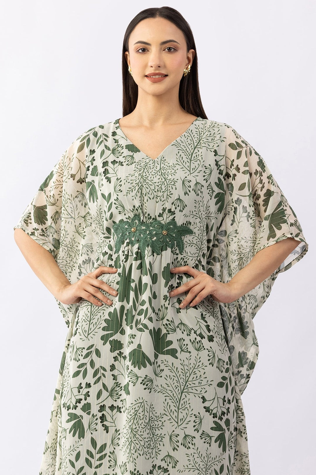 Printed Green Lurex Georgette Kaftan Dress with V Neck &amp; Kimono Sleeves