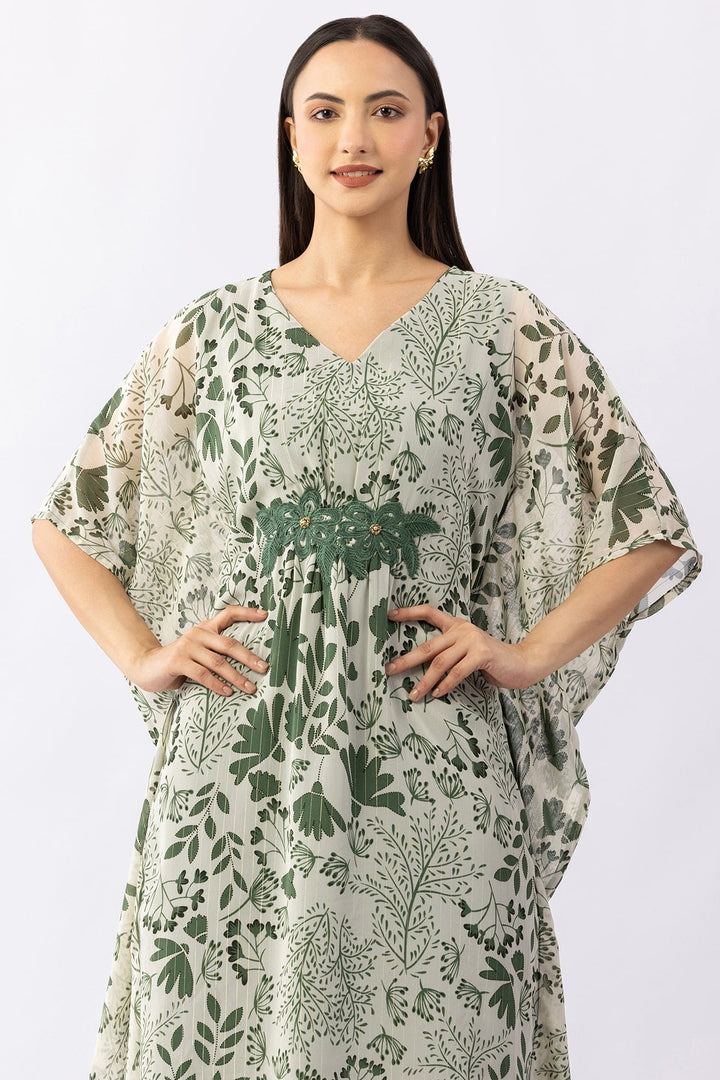 Printed Green Lurex Georgette Kaftan Dress with V Neck &amp; Kimono Sleeves