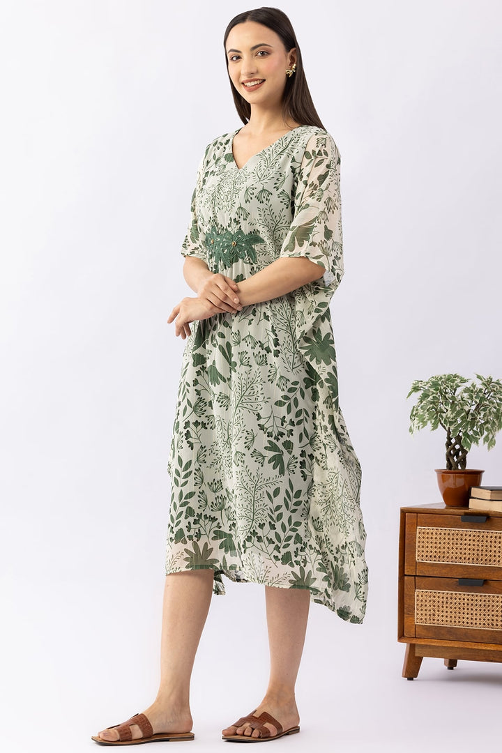 Printed Green Lurex Georgette Kaftan Dress with V Neck &amp; Kimono Sleeves