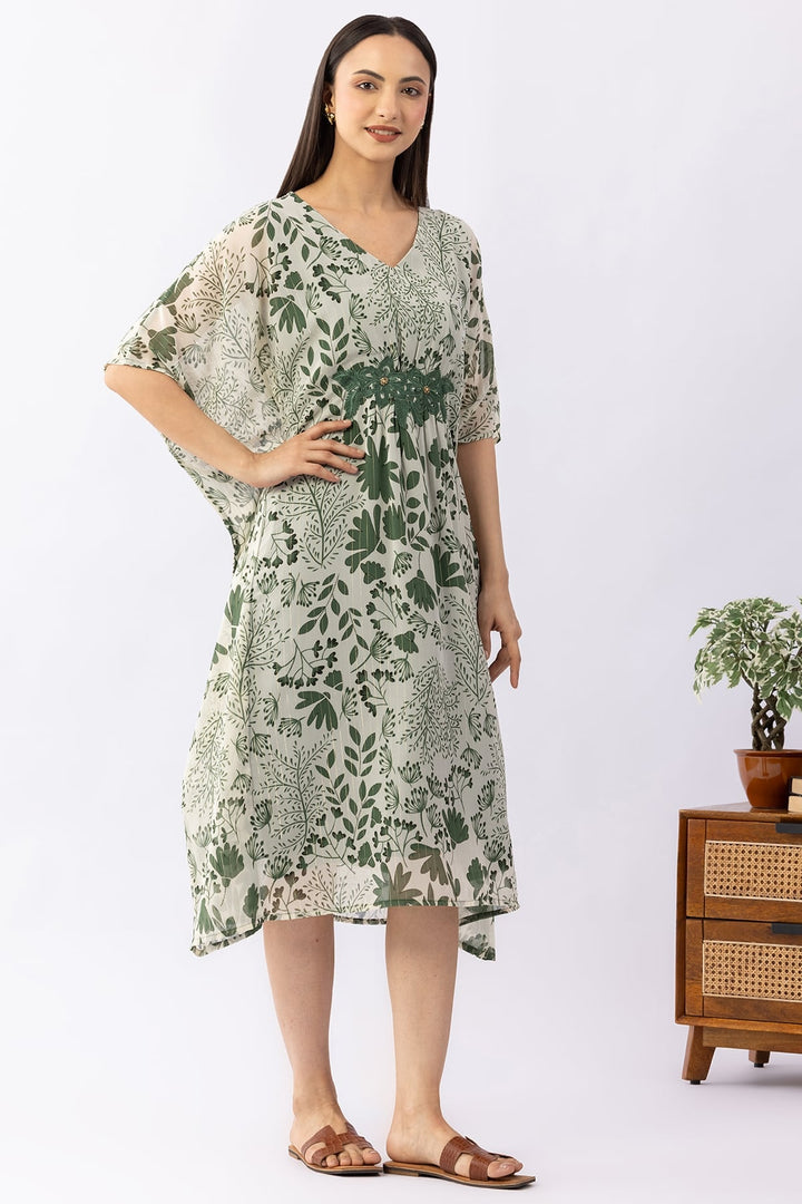 Printed Green Lurex Georgette Kaftan Dress with V Neck &amp; Kimono Sleeves
