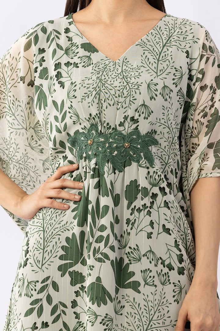 Printed Green Lurex Georgette Kaftan Dress with V Neck &amp; Kimono Sleeves