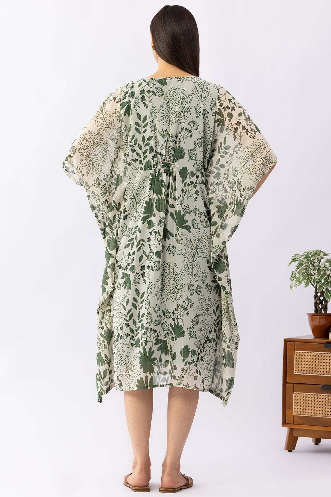 Printed Green Lurex Georgette Kaftan Dress with V Neck &amp; Kimono Sleeves