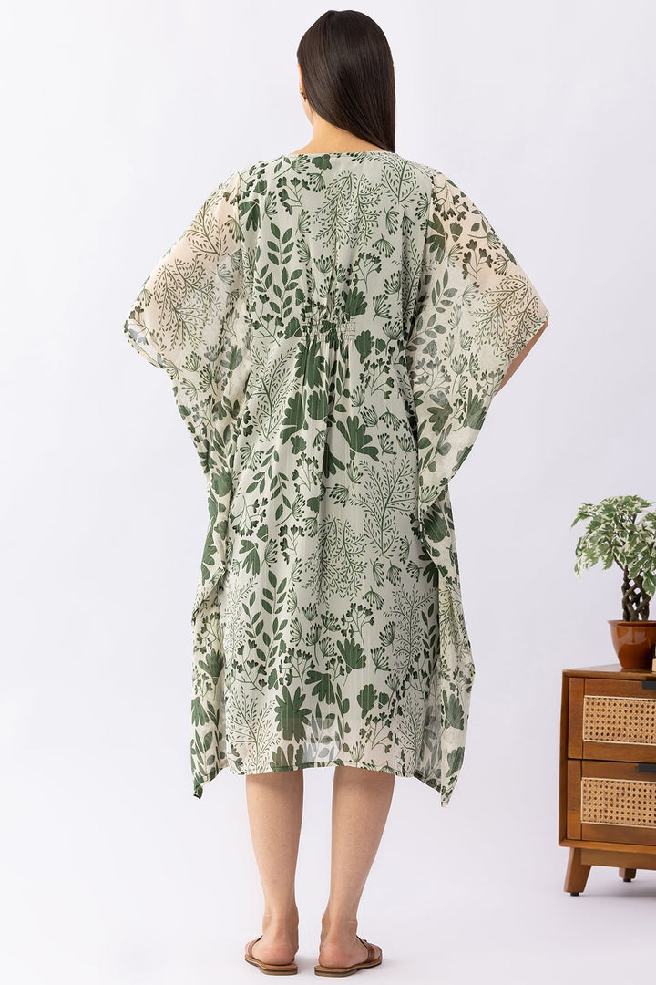 Printed Green Lurex Georgette Kaftan Dress with V Neck &amp; Kimono Sleeves