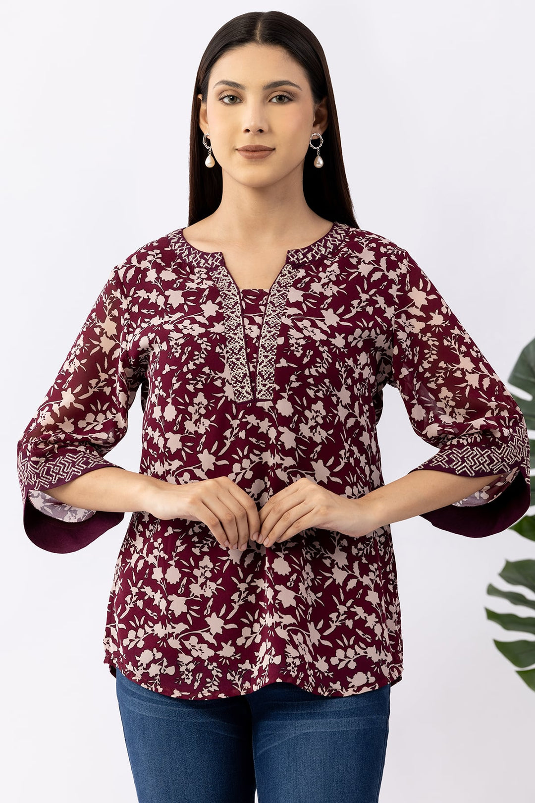 Wine Embroidered Chiffon Top with Round Neck &amp; 3/4 Sleeves
