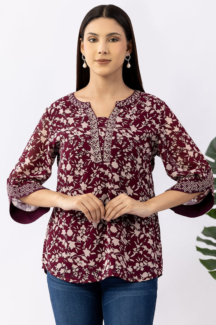Wine Embroidered Chiffon Top with Round Neck &amp; 3/4 Sleeves