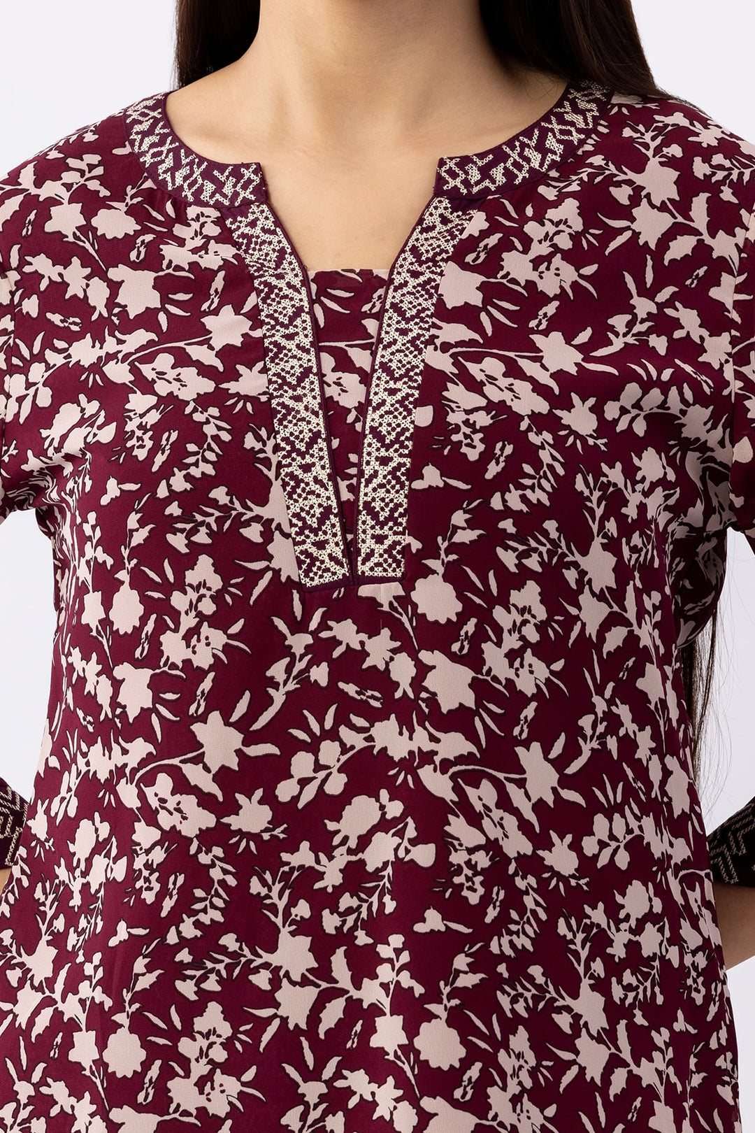 Wine Embroidered Chiffon Top with Round Neck &amp; 3/4 Sleeves