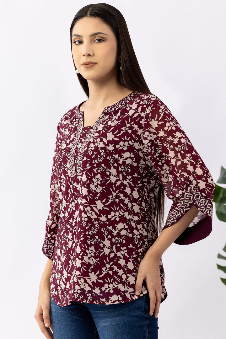 Wine Embroidered Chiffon Top with Round Neck &amp; 3/4 Sleeves