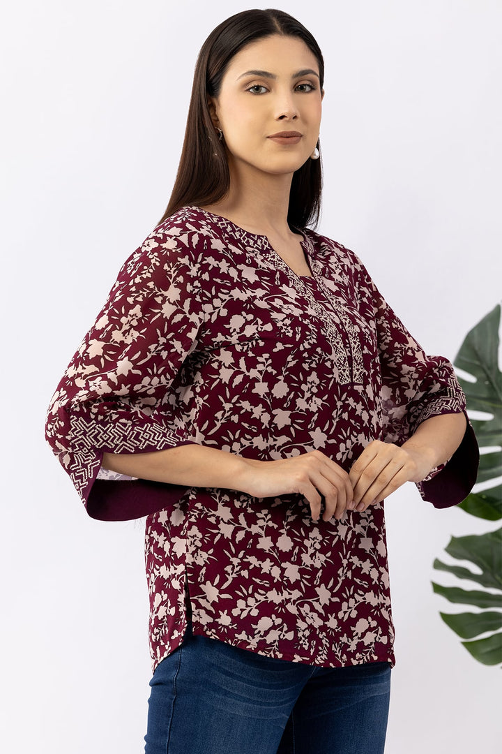 Wine Embroidered Chiffon Top with Round Neck &amp; 3/4 Sleeves