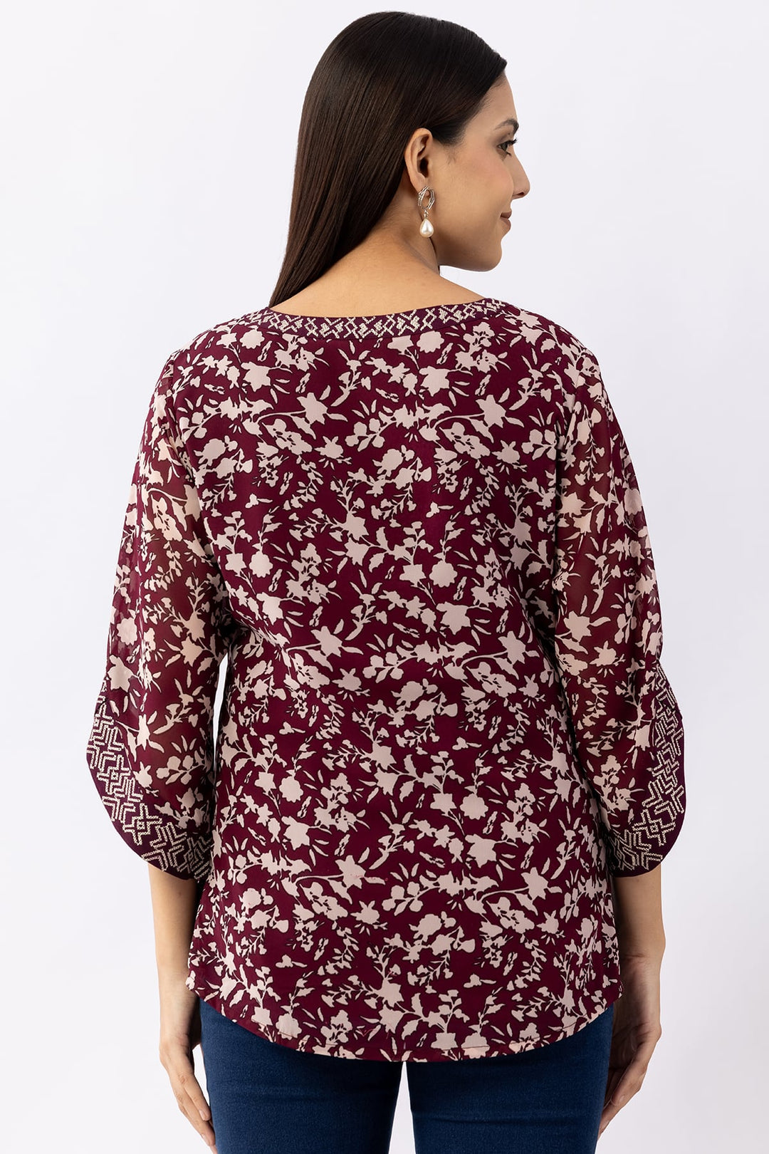 Wine Embroidered Chiffon Top with Round Neck &amp; 3/4 Sleeves