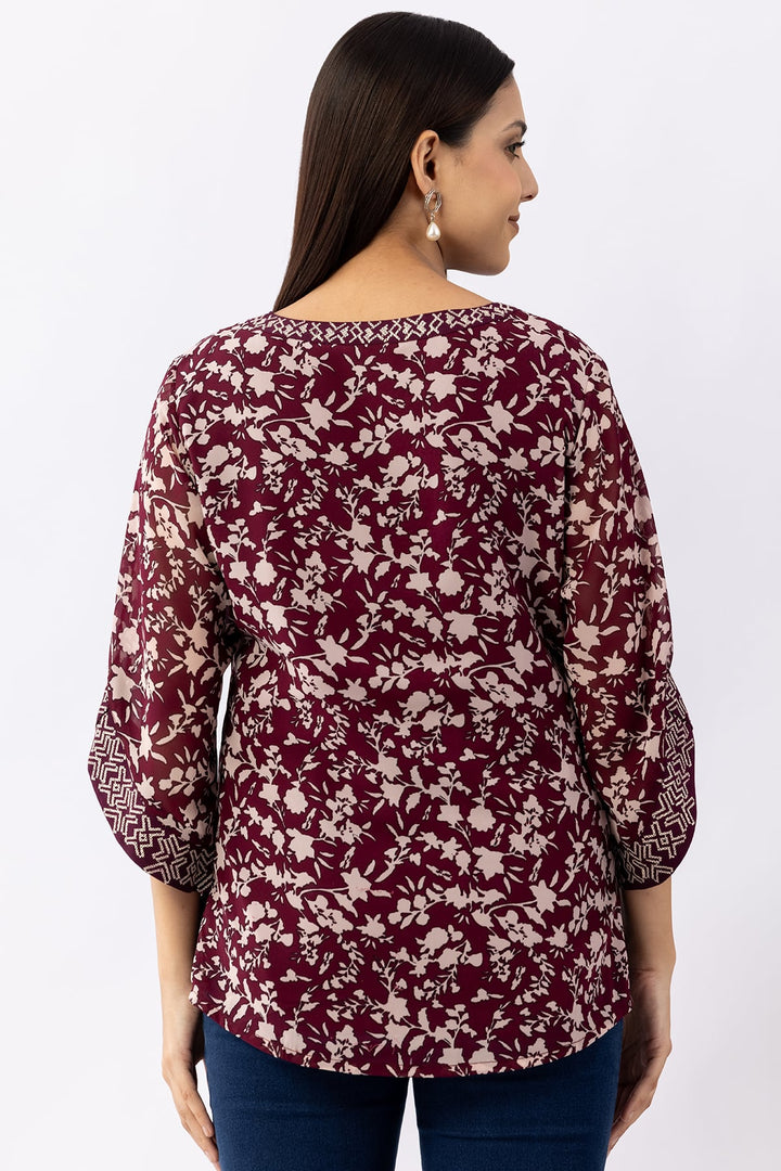 Wine Embroidered Chiffon Top with Round Neck &amp; 3/4 Sleeves