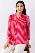 Red Striped Viscose Modal Shirt with Collared Neck & 3/4 Sleeves