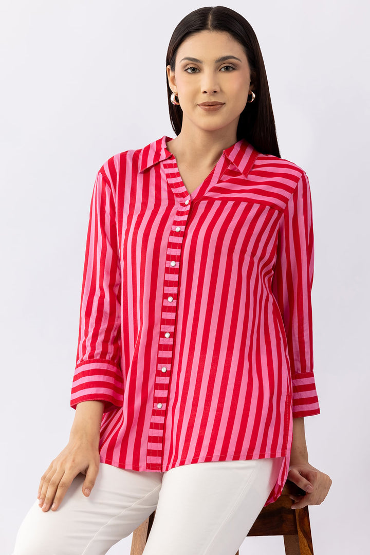 Red Striped Viscose Modal Shirt with Collared Neck &amp; 3/4 Sleeves