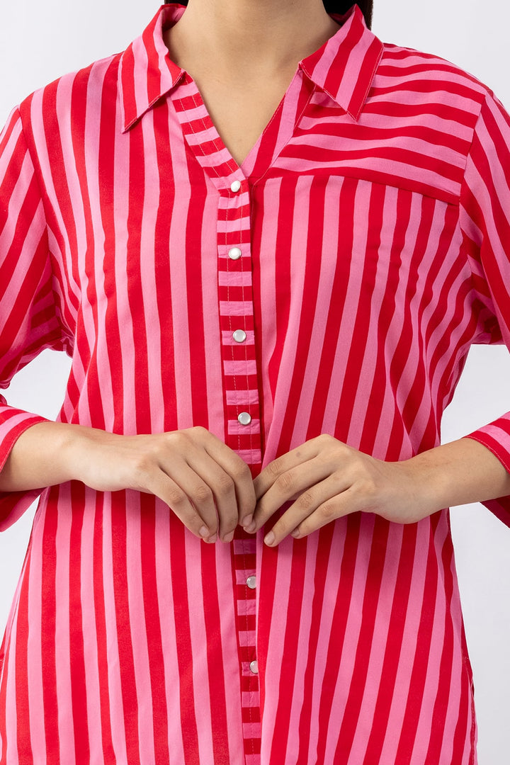 Red Striped Viscose Modal Shirt with Collared Neck &amp; 3/4 Sleeves