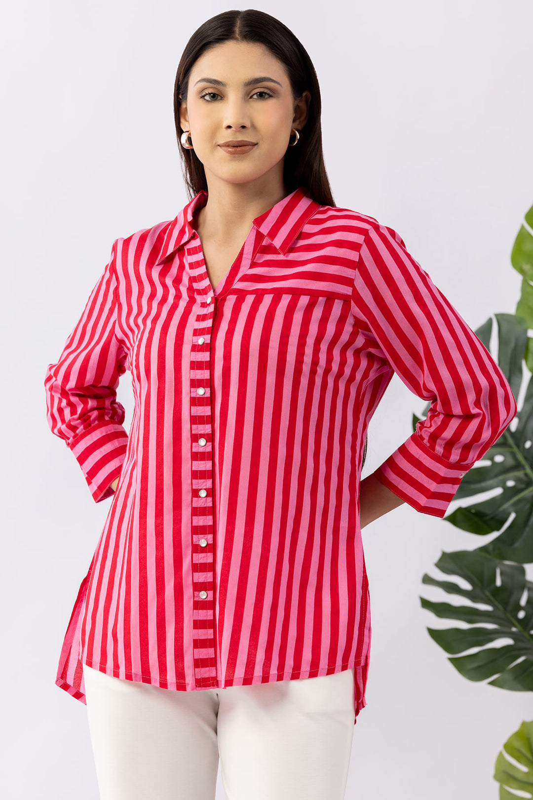 Red Striped Viscose Modal Shirt with Collared Neck &amp; 3/4 Sleeves