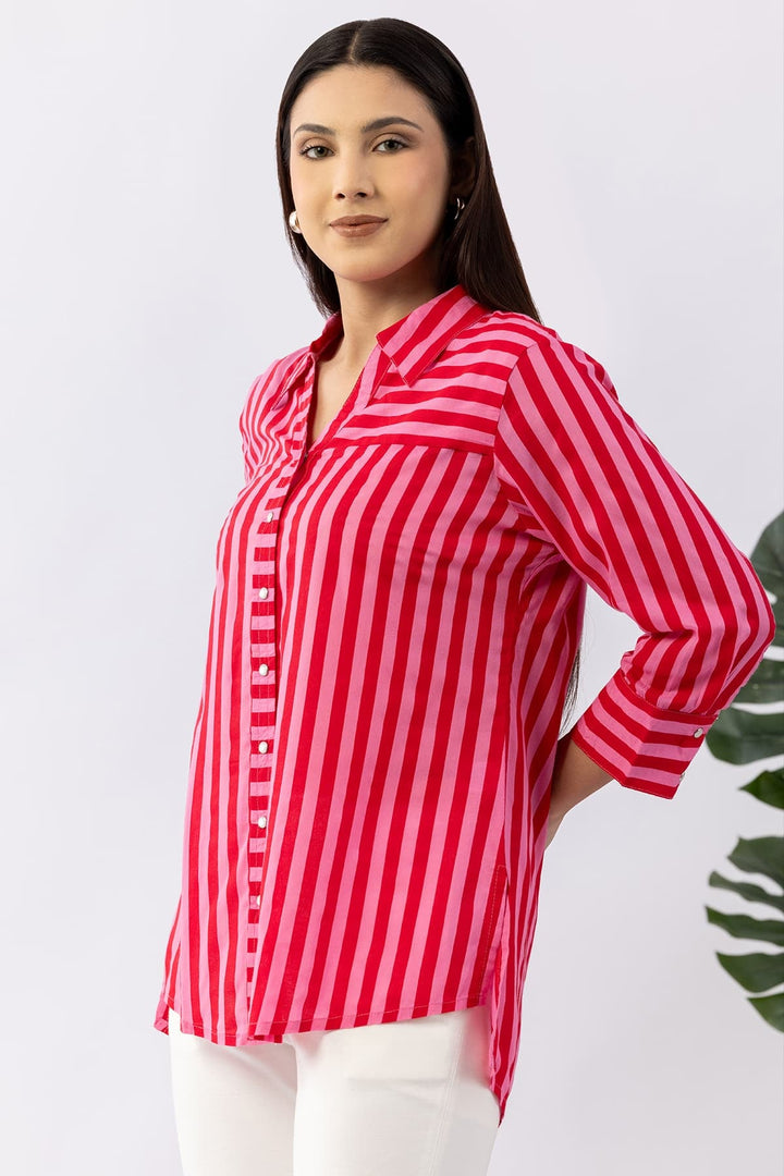 Red Striped Viscose Modal Shirt with Collared Neck &amp; 3/4 Sleeves