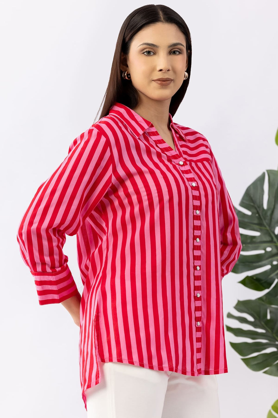 Red Striped Viscose Modal Shirt with Collared Neck &amp; 3/4 Sleeves