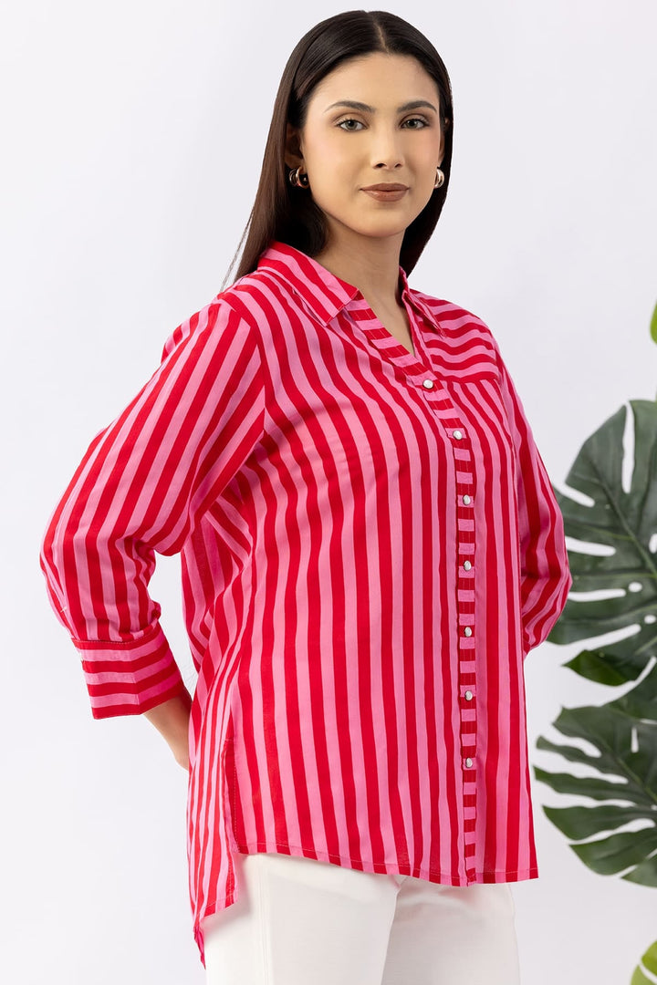 Red Striped Viscose Modal Shirt with Collared Neck &amp; 3/4 Sleeves