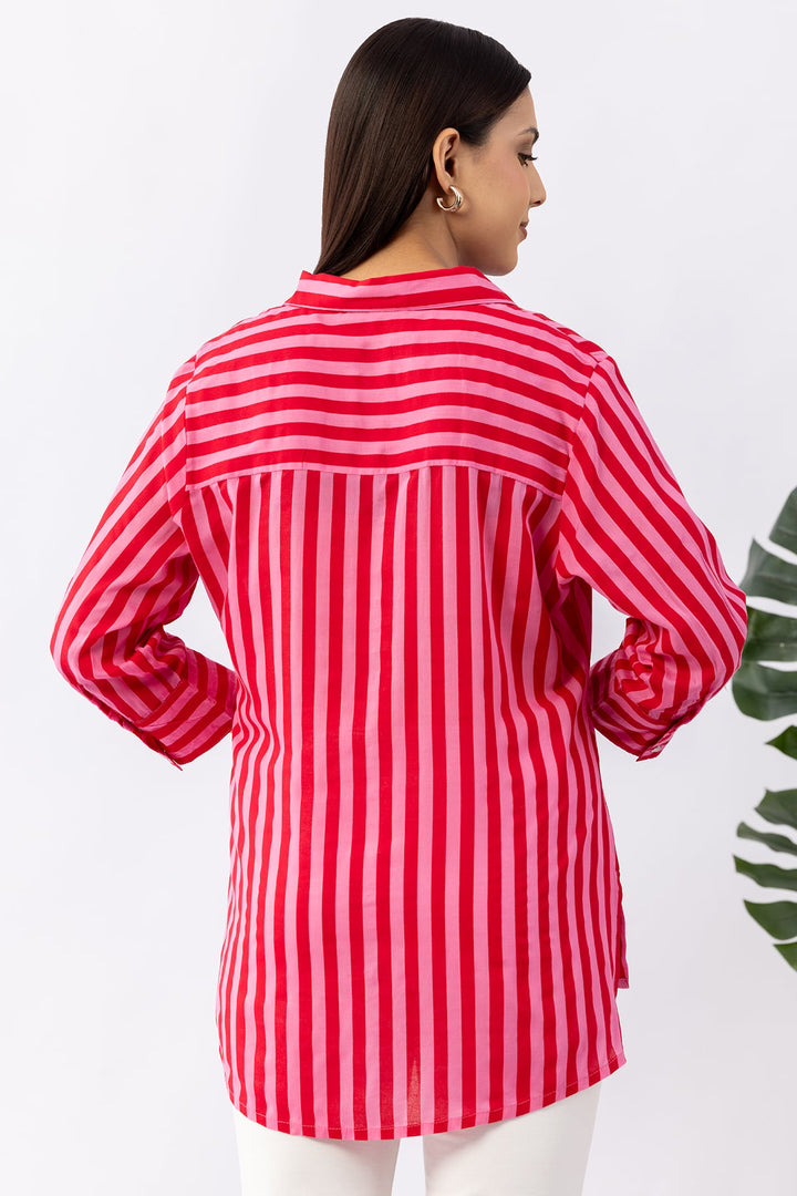 Red Striped Viscose Modal Shirt with Collared Neck &amp; 3/4 Sleeves