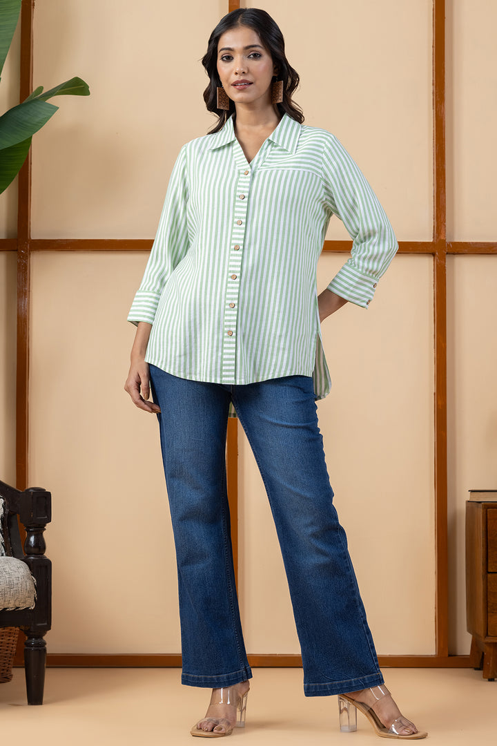 Green &amp; Off White Rayon Twill Stripes Shirt