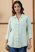 Green & Off White Rayon Twill Stripes Shirt