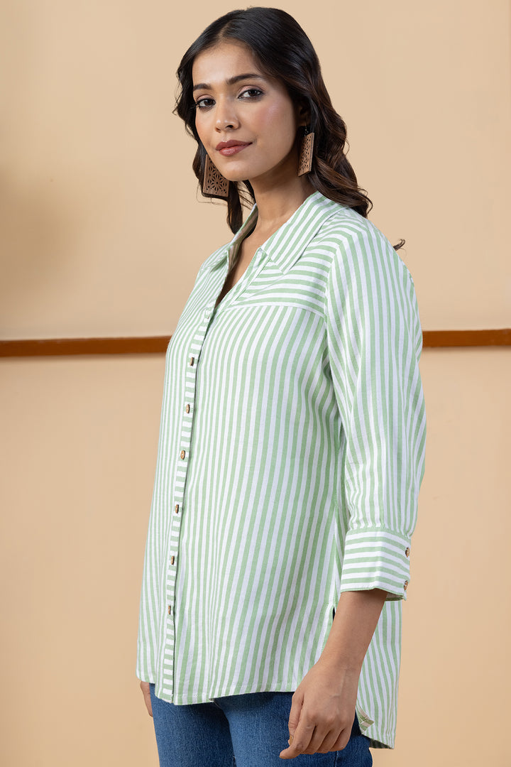 Green &amp; Off White Rayon Twill Stripes Shirt