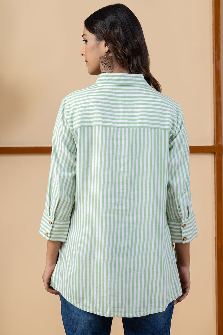 Green &amp; Off White Rayon Twill Stripes Shirt