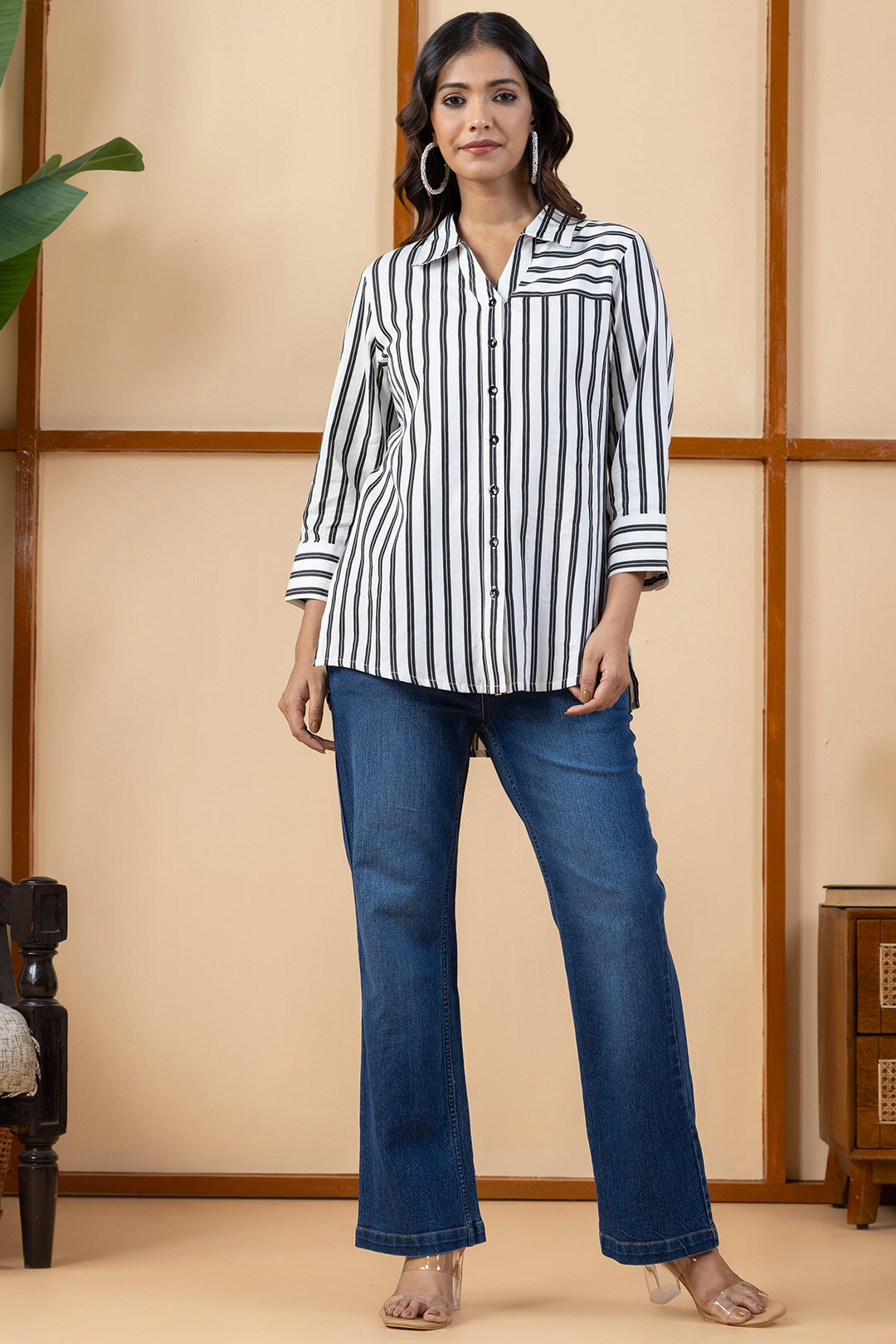 Black &amp; White Viscose Stripes Shirt