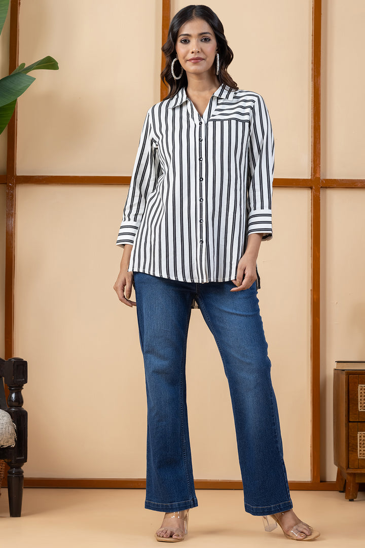 Black &amp; White Viscose Stripes Shirt