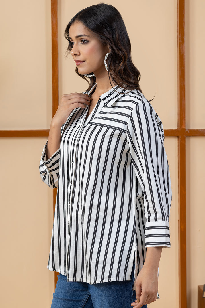 Black &amp; White Viscose Stripes Shirt