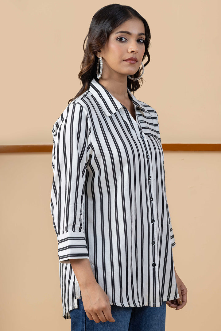 Black &amp; White Viscose Stripes Shirt