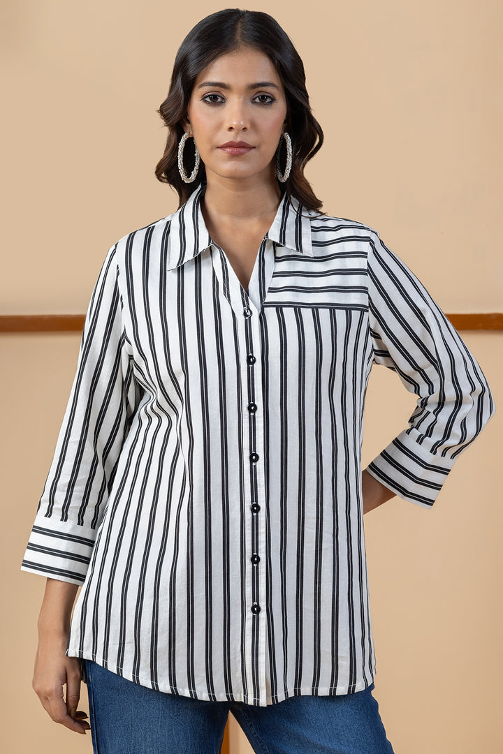 Black &amp; White Viscose Stripes Shirt