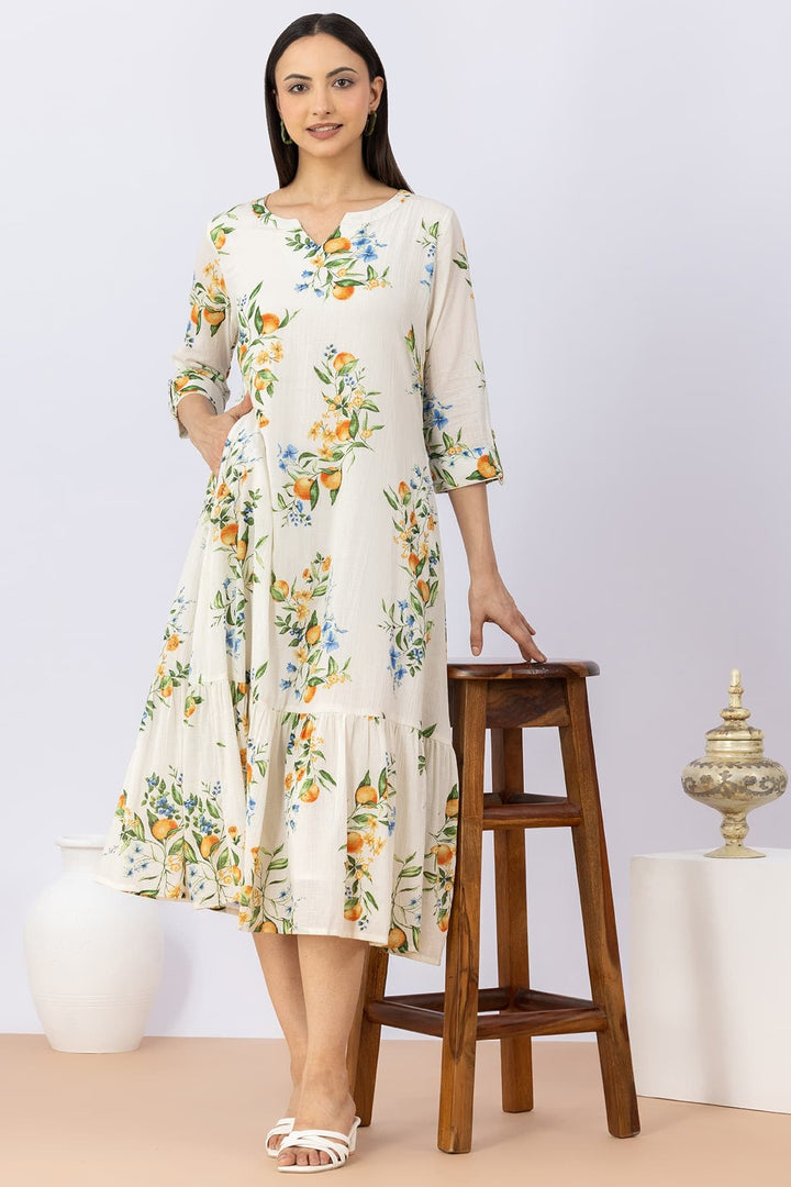 Printed White Cotton Dress with Round Neck